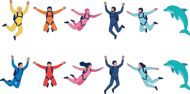 Skydiving Parachutists and Jumping Skydivers Character Set with Extreme Sports Athletes in Jumpsuits, Helmets, and Jumping Dolphins for Adventure Graphic Vector Designs