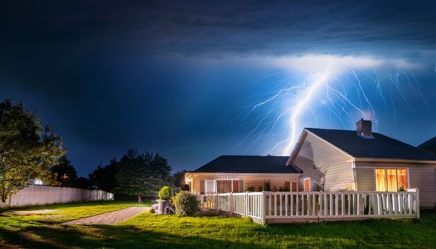 lightning and thunder above house backyard storm in town at night view of thunderstorm and home theme of strike lightening bad weather rain