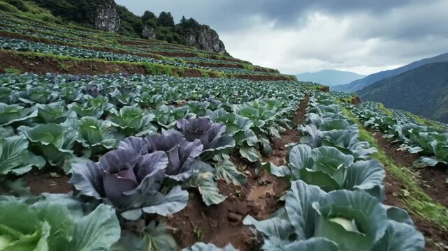 Scenic overview of a lush cabbage farm terraced into a hillside under a cloudy sky.