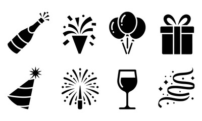 Naklejka premium A collection of stylized black vector icons representing various celebration and party elements isolated on a white background vectors design,fully customized and eddtibel