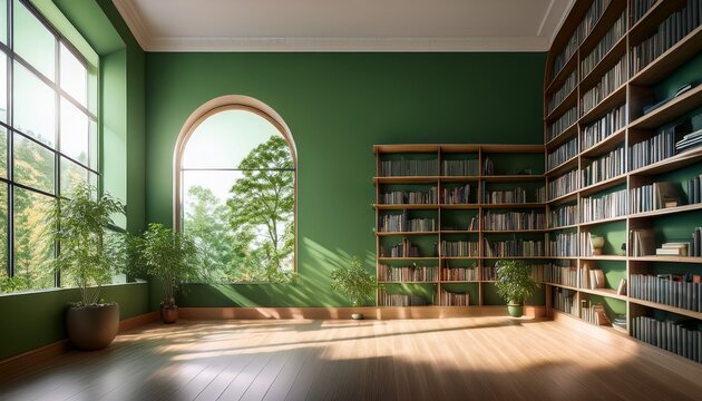 sunlit cozy elegant home library with green walls bookshelf serene peaceful empty room zoom virtual backgrounds cozy interior backdrops modern living room background for virtual meetings