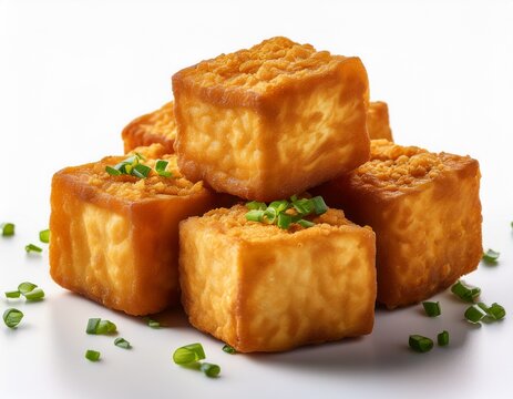 white background png crispy fried tofu cubes with golden crust