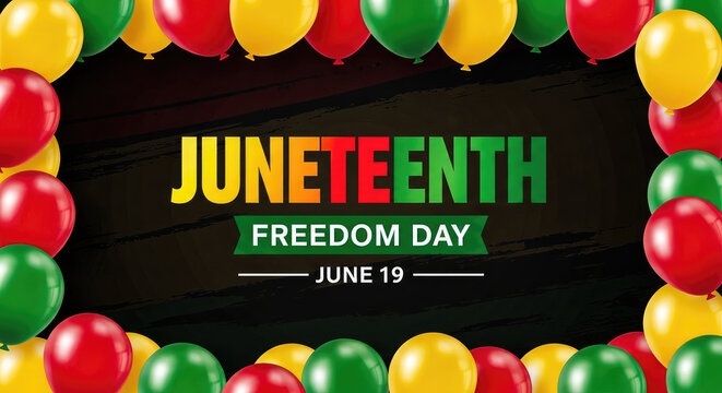 Juneteenth freedom day june 19 festive banner with colorful balloons frame on dark wooden texture background.