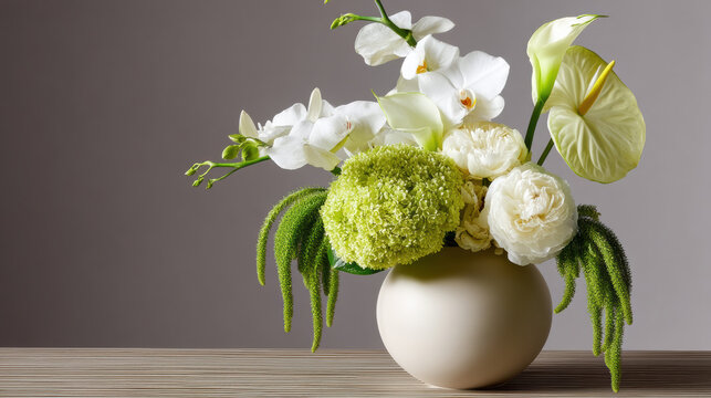 Elegant white orchid, calla lily, anthurium, and green hydrangea floral arrangement in round ceramic vase, modern minimal style
