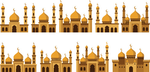 Golden Mosque and Islamic Architecture Icon Set with Domes and Minarets for Ramadan Kareem, Eid Mubarak, and Muslim Holiday Celebrations Vector Designs © MdRaisul