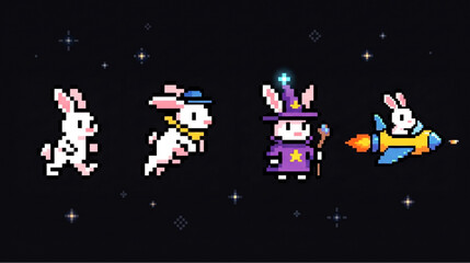 Naklejka premium Retro Pixel Art Space Rabbit Character Sprites Set