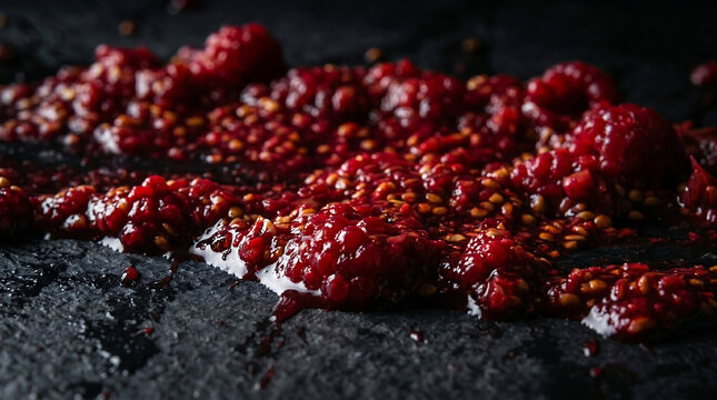 Extreme macro photorealistic image of crushed fresh raspberries and sweet jam spread across a textured dark slate surface highlighting seeds and rich red juices