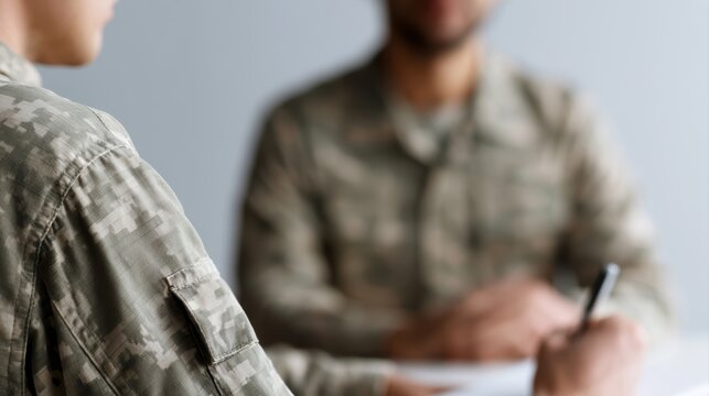 Soldier sitting during therapy session with counselor taking notes, emotional support and recovery concept
