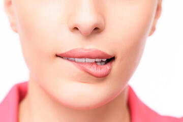 Fototapeta premium Detailed portrait of female facial features including lips and jawline
