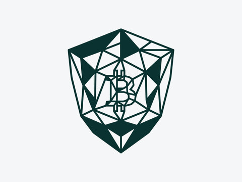 Green shield with Bitcoin symbol and geometric pattern vector graphic