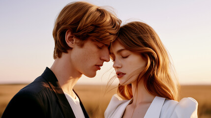 Fototapeta premium Young redhead couple touching foreheads in a golden field at sunset, eyes closed in a tender intimate moment of love and connection. Perfect for romantic editorial, dating and lifestyle projects.