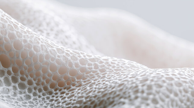 Artificial skin mesh scaffold with porous cellular structure, engineered for tissue regeneration and reconstructive medicine. Futuristic bioengineering concept for transplantation and wound healing.