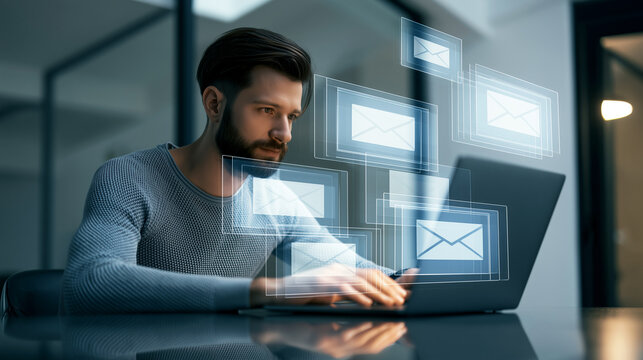 Young professional working on laptop surrounded by floating holographic email icons, visualizing digital overload, email stress and modern corporate multitasking. Perfect for tech business projects.