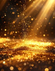 Naklejka premium Golden glitter particles cascade down in shimmering light.