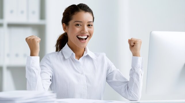 Businesswoman celebrating finishing all office work at modern computer desk