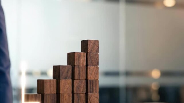 Wealth management strategy foundational growth, businessman placing wooden block, rising line graph animation