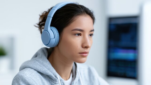 Creative young female editor wearing headphones working at stylish desktop setup