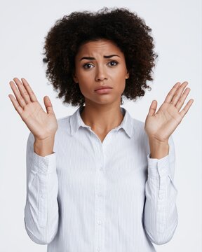 Dejected businesswoman holding hands up while looking disappointed at camera