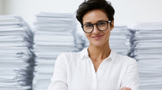 Professional female CEO sitting at desk with stacks of paperwork, busy but smiling office atmosphere