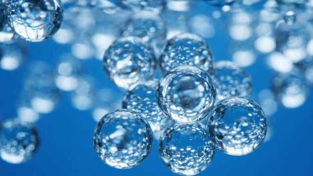 Blue water bubbles macro abstract background style. transparent oxygen spheres, underwater environment, liquid surface, reflections, freshness concept