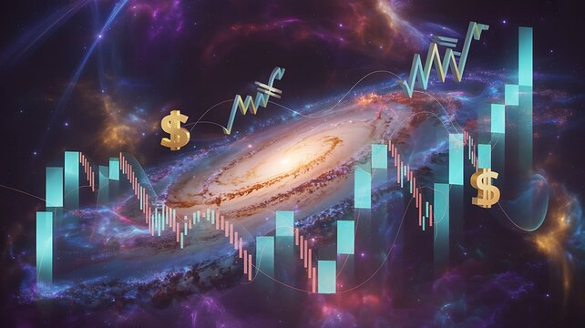 A digital art composition featuring a swirling galaxy with rising stock market charts and dollar signs in space.