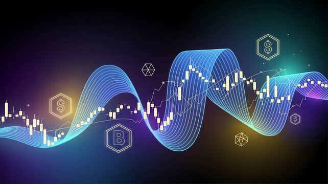 A digital art illustration featuring a futuristic cryptocurrency graph with rising trends and hexagons on a dark background.