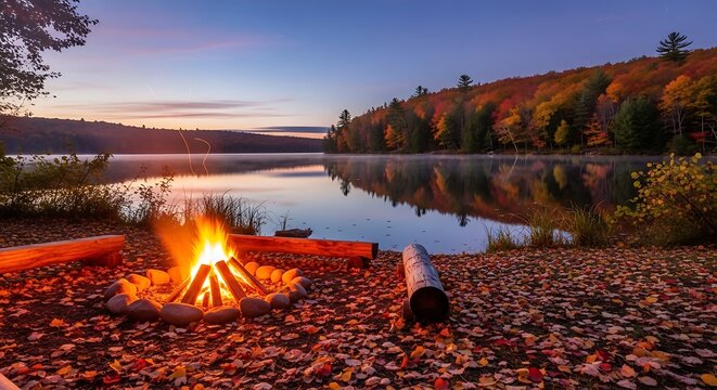 Campfire and tent by lake at dusk with mountains.