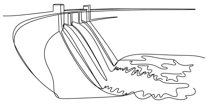 Simple line drawing of a water dam with flowing river