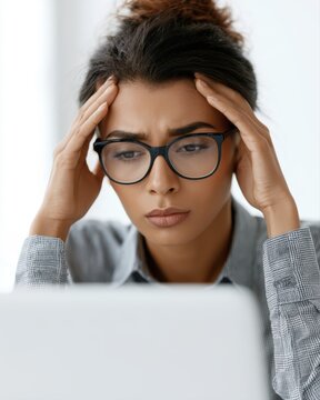Businesswoman holding head while looking dejected, emotional office stress concept