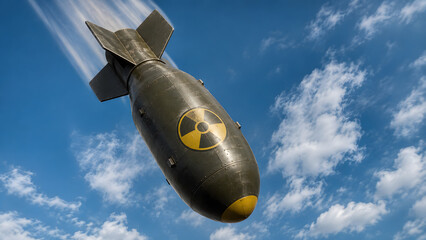 Obraz premium nuclear bomb falling from sky with radiation symbol