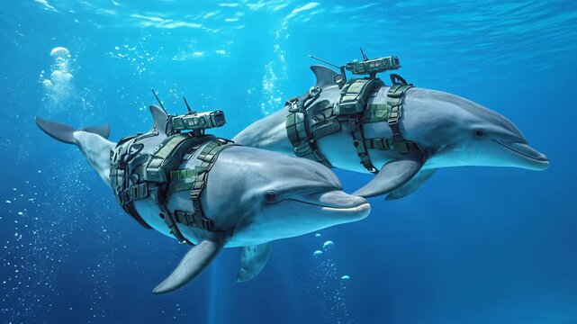Two dolphins swimming underwater with tactical military equipment. Concept of marine mammal defense training. Panning camera shot.