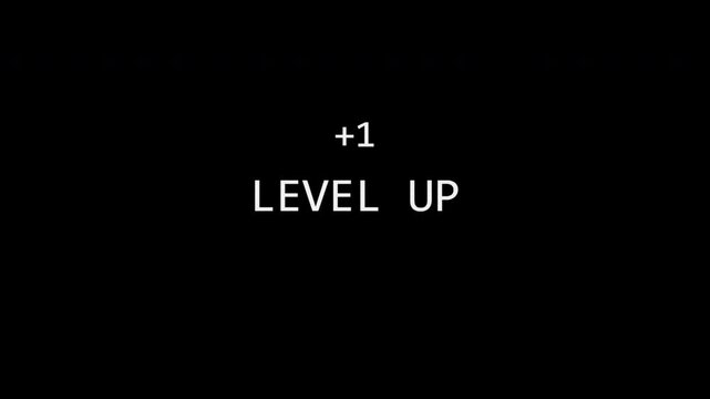Retro Gaming Level Up Message with Glitch Effect and Plus One Indicator on Black Background