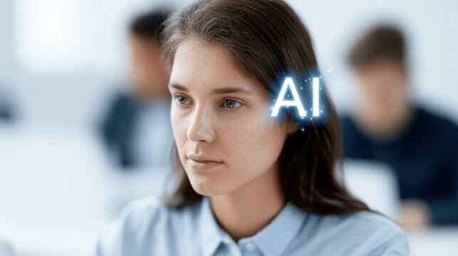 AI education technology in classroom, students using smart learning platform, digital future learning