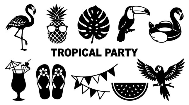 Tropical Party Silhouette Vector Illustration Set featuring Summer Beach Elements like Flamingo, Pineapple with Sunglasses, Toucan, Cocktail, and Exotic Leaves