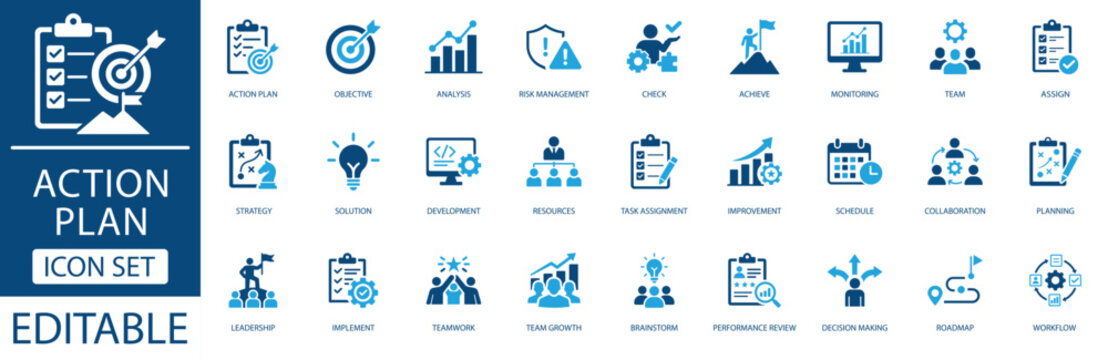 Action plan icon set for business strategy and project management. Editable vector icons for objective, workflow, risk management, and team collaboration.