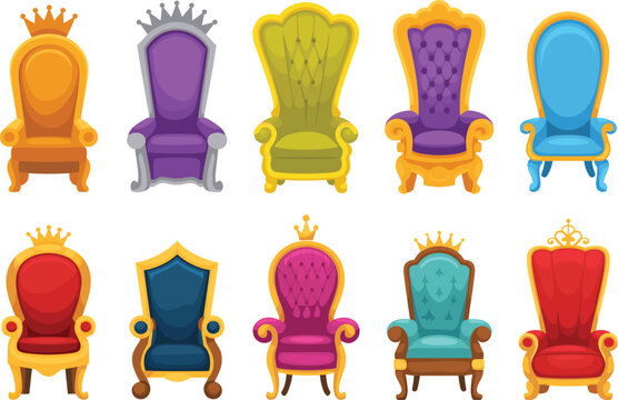 Vector cartoon illustration set of royal king and queen thrones featuring colorful medieval chairs with crowns and ornaments