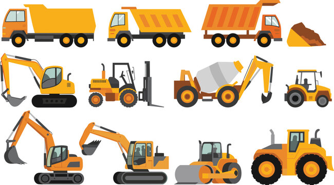 Vector flat illustration set of industrial construction machinery including various dump trucks excavators forklift cement mixer and road roller