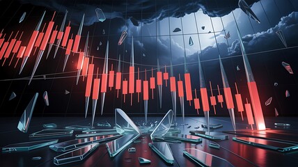 Naklejka premium A dramatic digital illustration of a crashing stock market graph with shattered screens and red bars on a dark background