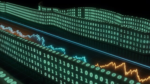 A dramatic digital illustration of binary code and stock market graphs on a screen