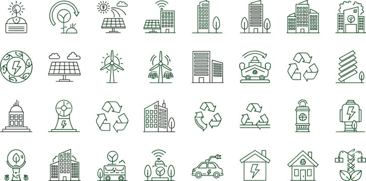Green eco city outline icons mega set with renewable energy solar panels wind turbines recycling and sustainable development symbols