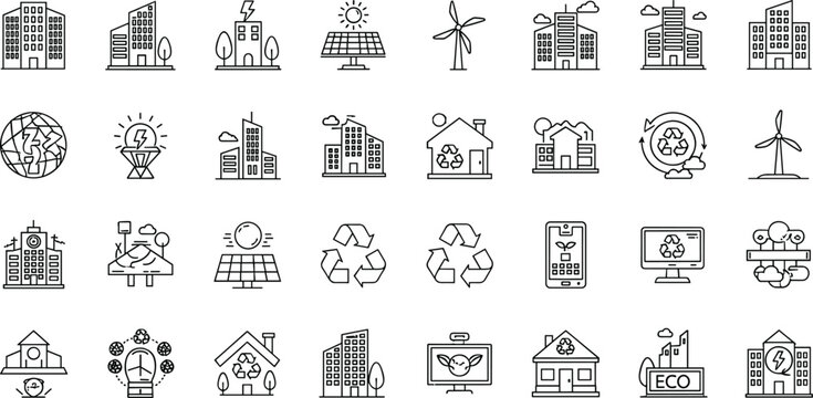 Green eco city outline icons mega set with renewable energy solar panels wind turbines recycling and sustainable environment symbols