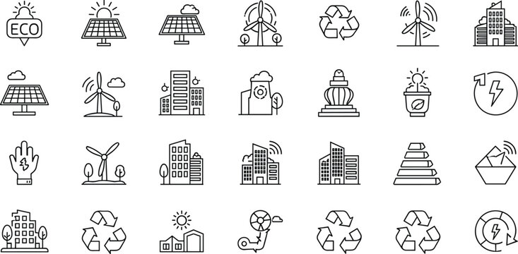 Green eco city outline icons mega set with renewable energy solar panels wind turbines recycling and sustainable infrastructure symbols