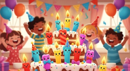 Naklejka premium Children celebrating birthday with colorful decorations and cake.