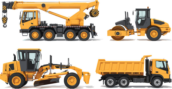 Vector illustration set of heavy construction machinery and vehicles including mobile crane road roller grader and dump truck