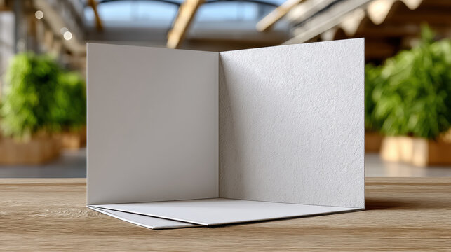 Open blank paper card on wooden table, natural light, indoor modern background, elegant minimal design, textured surface, invitation concept