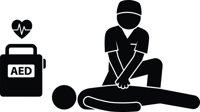 Emergency first aid vector illustration with a paramedic performing cpr chest compressions next to an aed machine