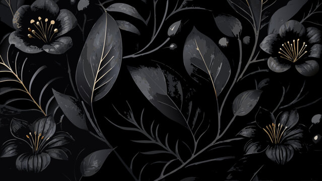 A dense floral ornament of dark leaves and blossoms in a monochromatic vector illustration flowers botanical plant foliage stem branch monochrome