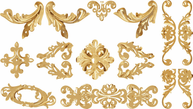 Golden baroque ornaments a collection of ten detailed floral and foliate vector illustrations on a white background ornament scrollwork acanthus rococo