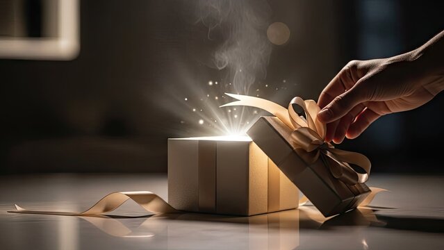 Unboxing gift box hand opening present with glowing light and ribbon