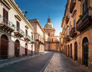 Fototapeta premium empty sicilian street leading to cathedral dome with historic architecture